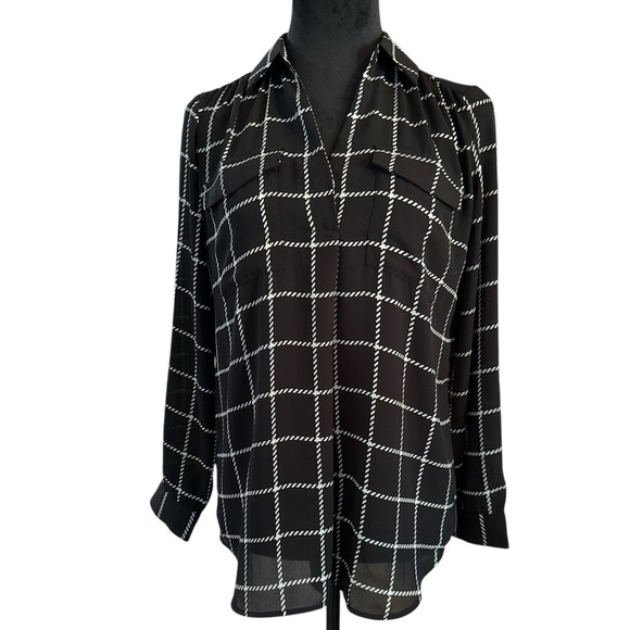 Ann Taylor Factory Petite Black & White Rope Grid Print Button Down Blouse SP - Picture 2 of 9